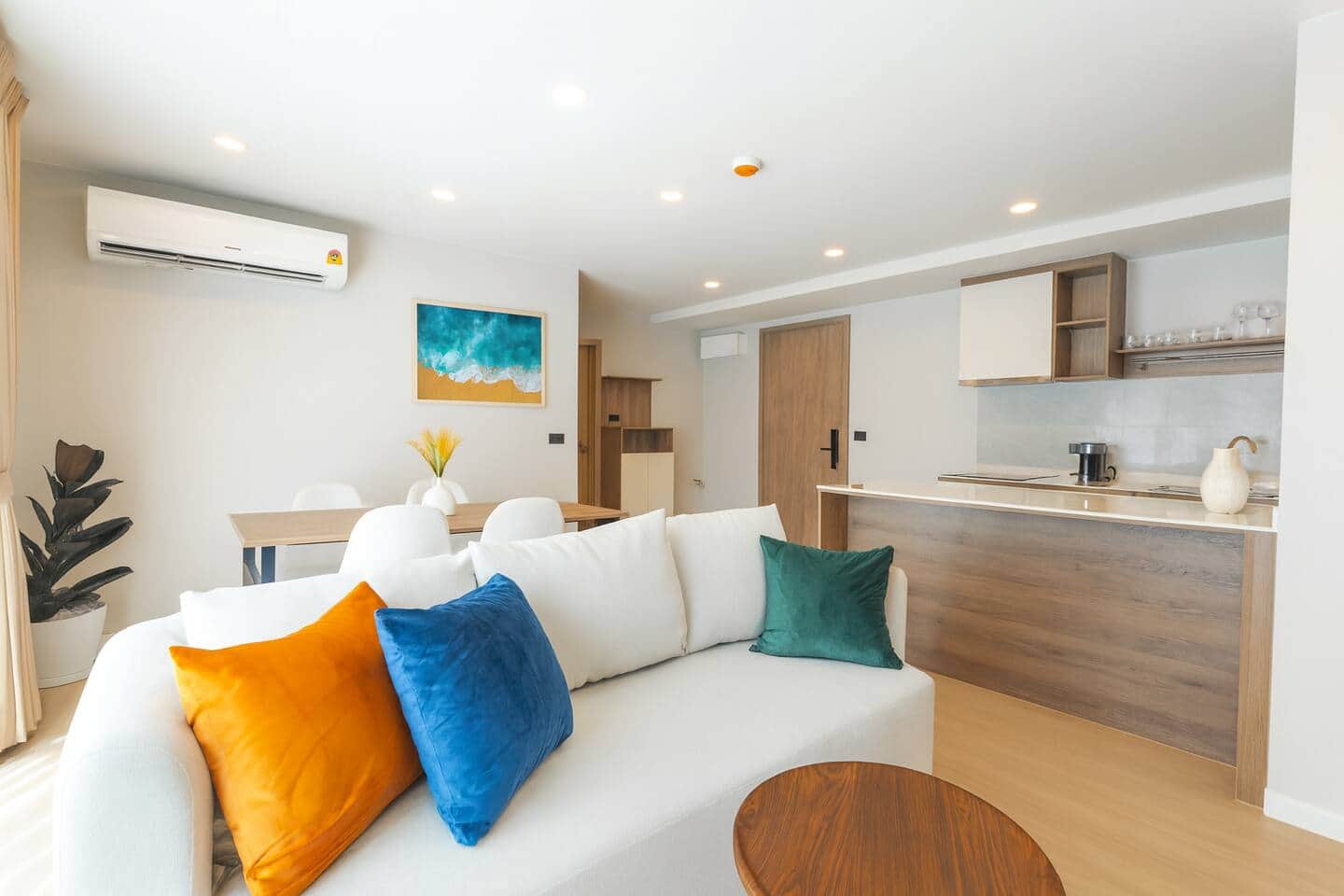 Bella Space living room, a bright coastal two-bedroom apartment near Boat Avenue